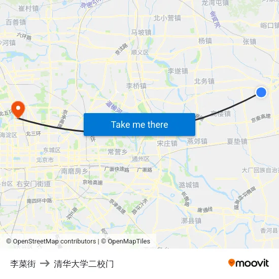 李菜街 to 清华大学二校门 map