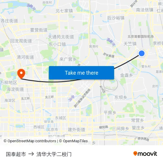 国泰超市 to 清华大学二校门 map