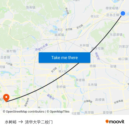 水树峪 to 清华大学二校门 map