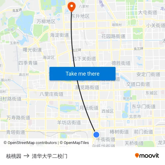 核桃园 to 清华大学二校门 map