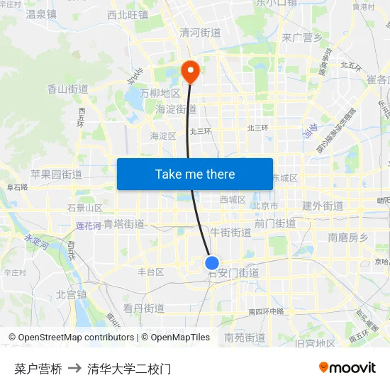 菜户营桥 to 清华大学二校门 map