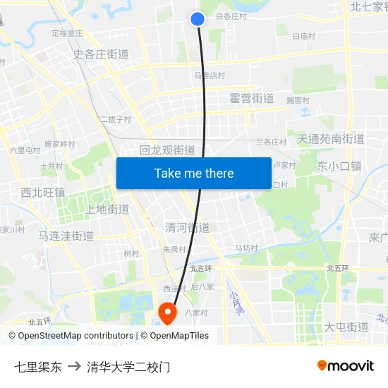 七里渠东 to 清华大学二校门 map