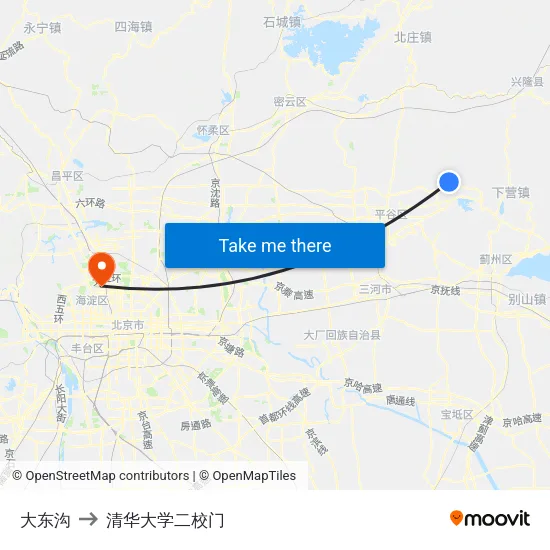 大东沟 to 清华大学二校门 map