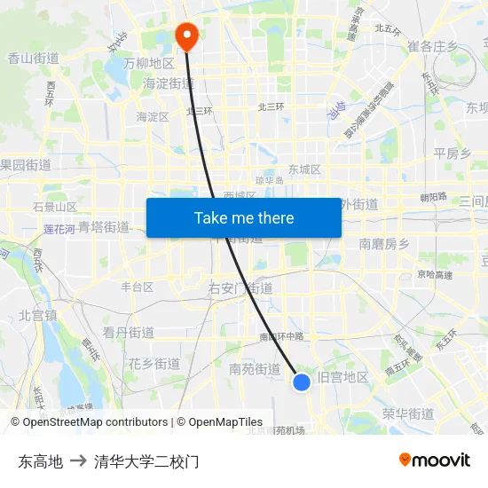 东高地 to 清华大学二校门 map