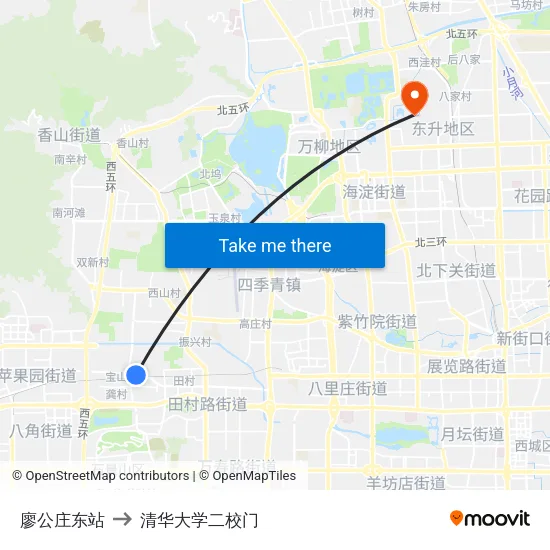 廖公庄东站 to 清华大学二校门 map
