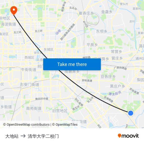 大地站 to 清华大学二校门 map