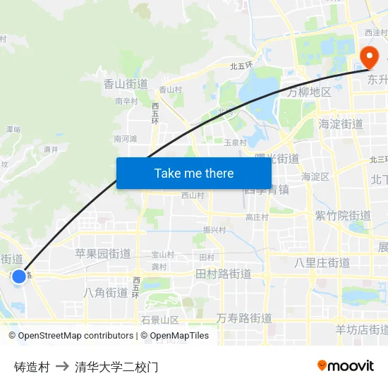 铸造村 to 清华大学二校门 map