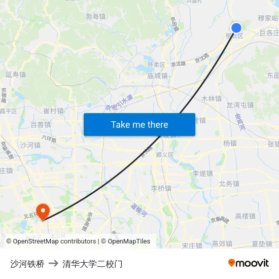 沙河铁桥 to 清华大学二校门 map