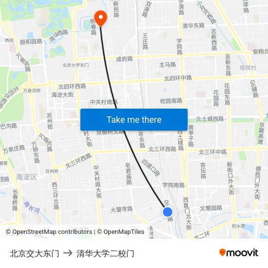 北京交大东门 to 清华大学二校门 map