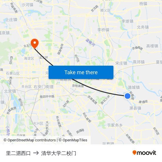 里二泗西口 to 清华大学二校门 map