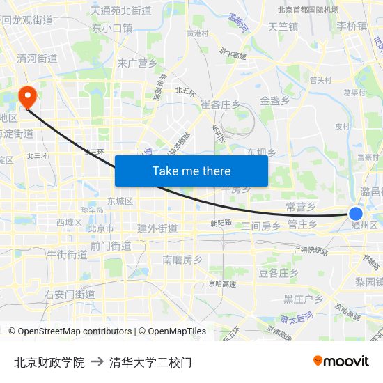 北京财政学院 to 清华大学二校门 map