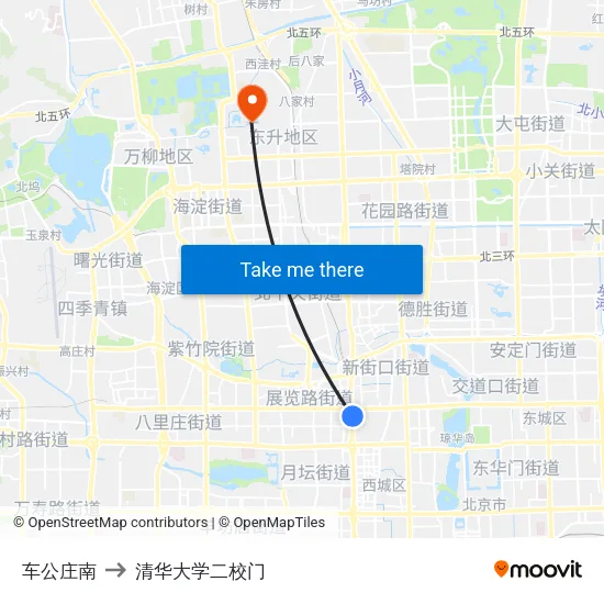 车公庄南 to 清华大学二校门 map