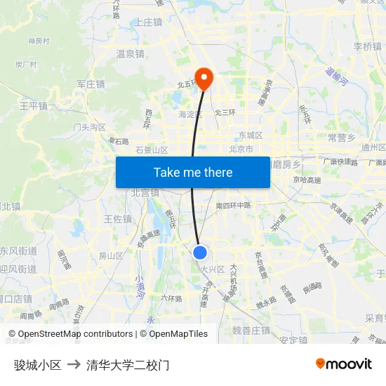骏城小区 to 清华大学二校门 map