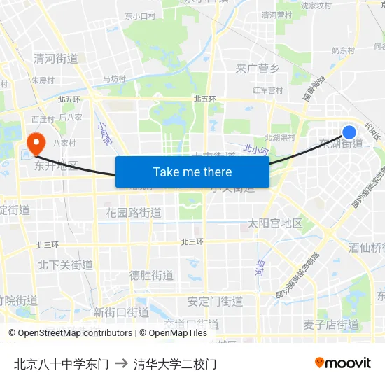 北京八十中学东门 to 清华大学二校门 map