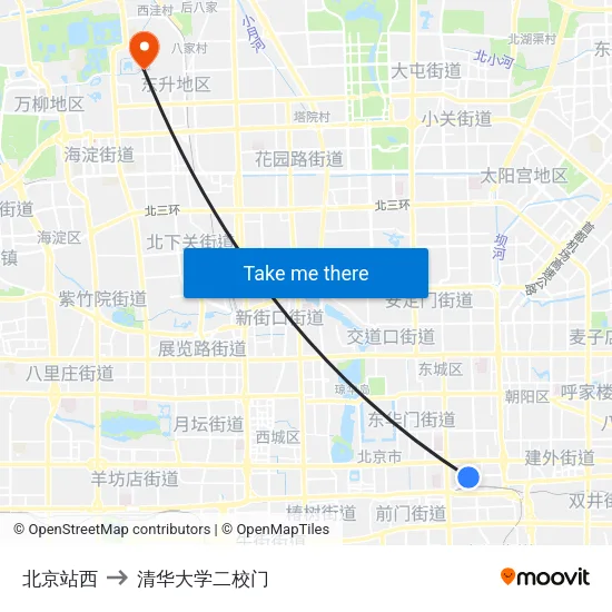 北京站西 to 清华大学二校门 map