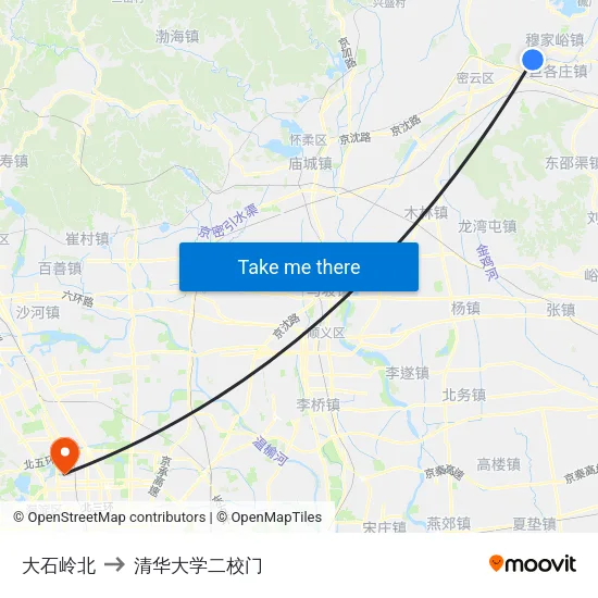 大石岭北 to 清华大学二校门 map