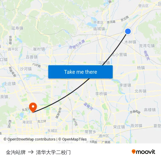 金沟站牌 to 清华大学二校门 map