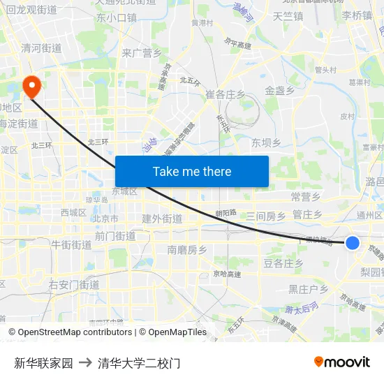新华联家园 to 清华大学二校门 map