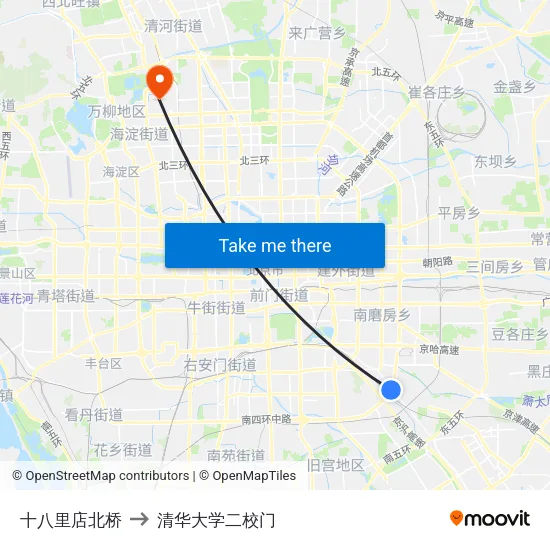 十八里店北桥 to 清华大学二校门 map