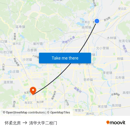怀柔北房 to 清华大学二校门 map