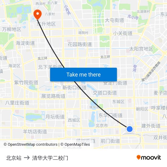 北京站 to 清华大学二校门 map