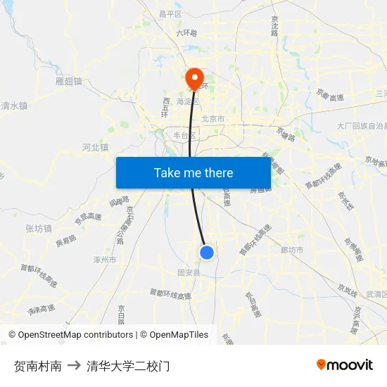 贺南村南 to 清华大学二校门 map