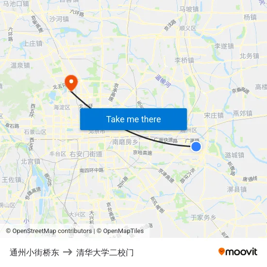 通州小街桥东 to 清华大学二校门 map