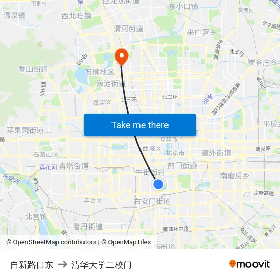 自新路口东 to 清华大学二校门 map