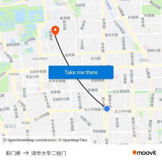 蓟门桥 to 清华大学二校门 map