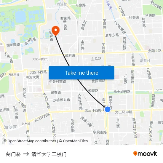 蓟门桥 to 清华大学二校门 map