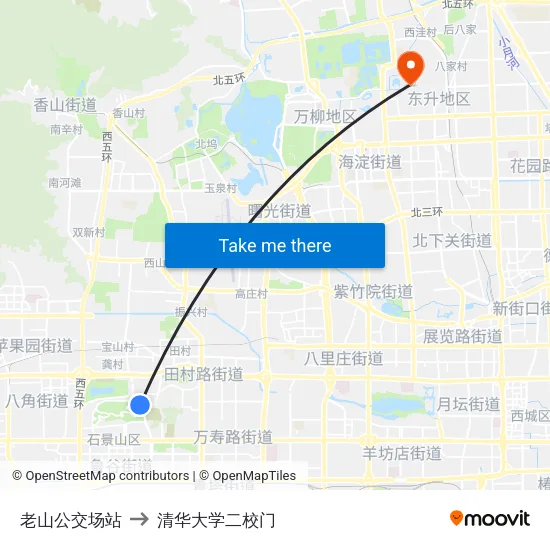 老山公交场站 to 清华大学二校门 map