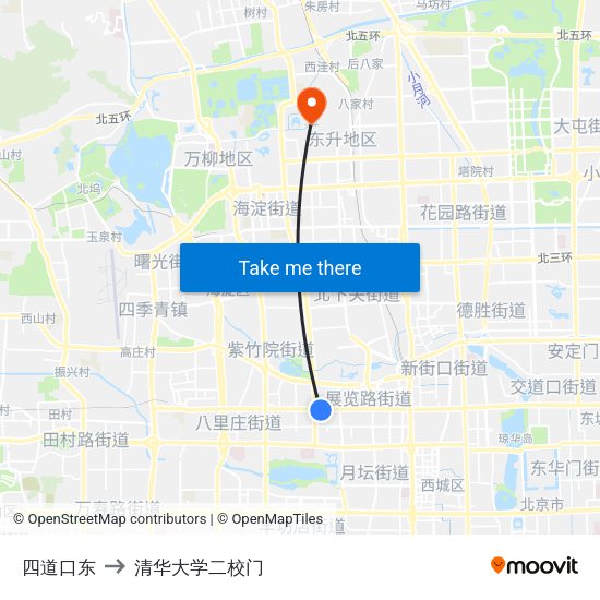 四道口东 to 清华大学二校门 map