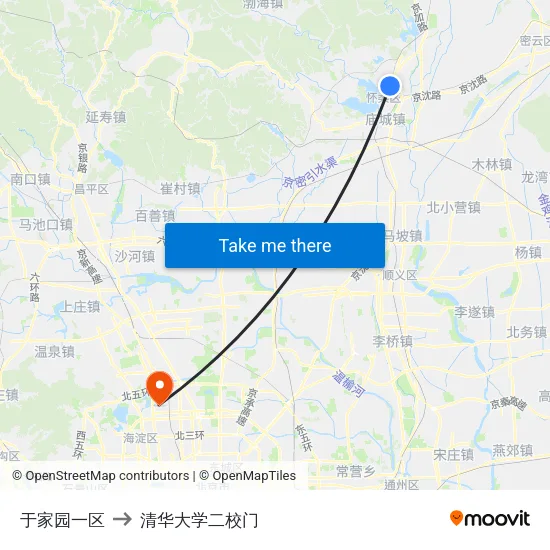于家园一区 to 清华大学二校门 map