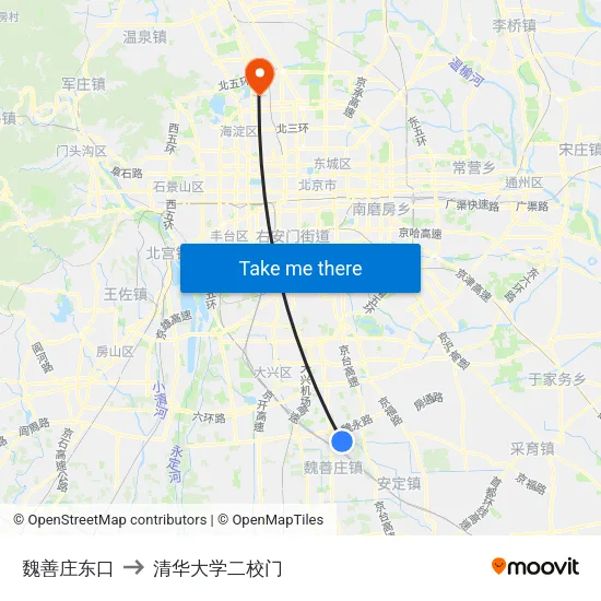 魏善庄东口 to 清华大学二校门 map