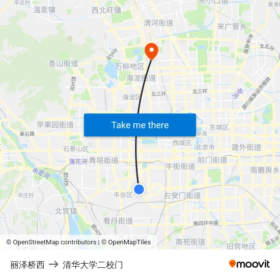丽泽桥西 to 清华大学二校门 map