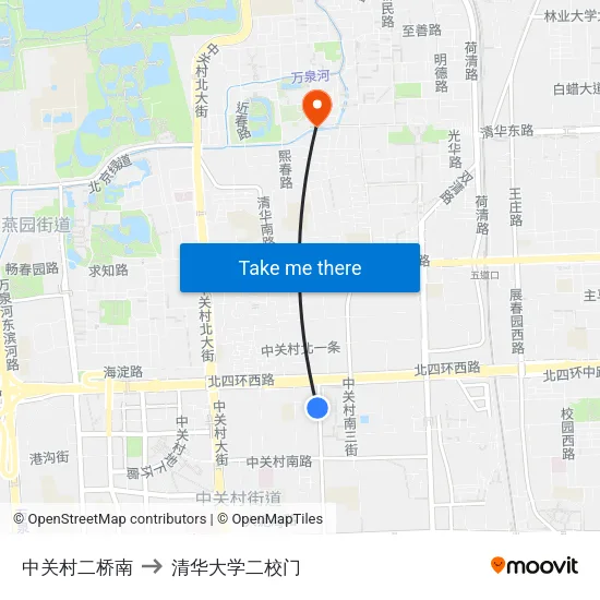 中关村二桥南 to 清华大学二校门 map