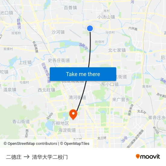二德庄 to 清华大学二校门 map