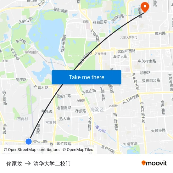 佟家坟 to 清华大学二校门 map