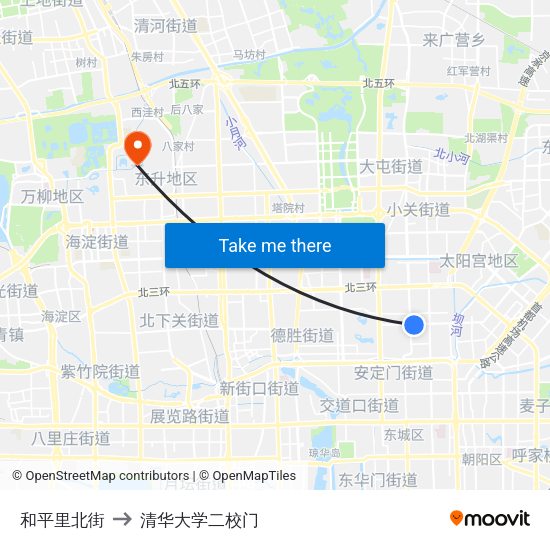 和平里北街 to 清华大学二校门 map