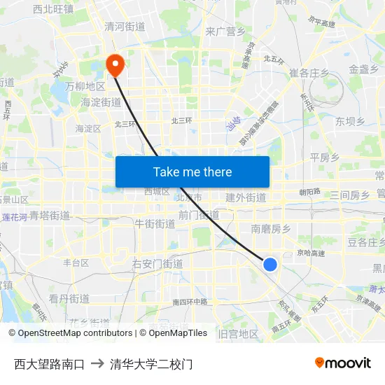 西大望路南口 to 清华大学二校门 map