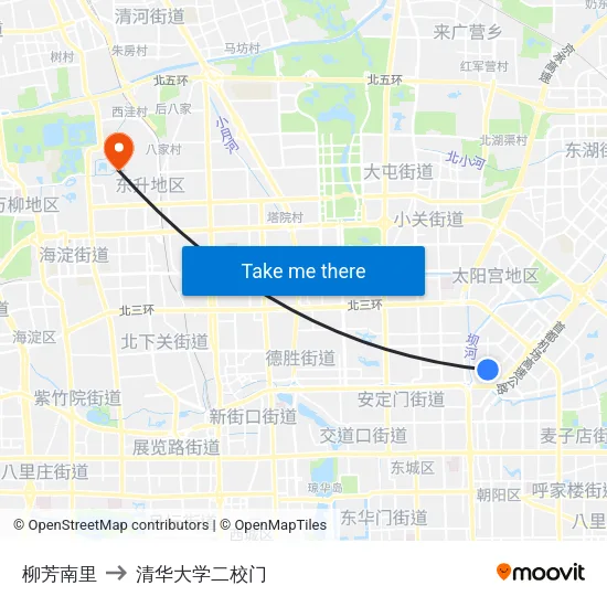 柳芳南里 to 清华大学二校门 map