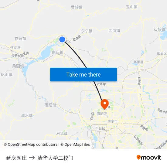 延庆陶庄 to 清华大学二校门 map
