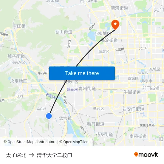 太子峪北 to 清华大学二校门 map