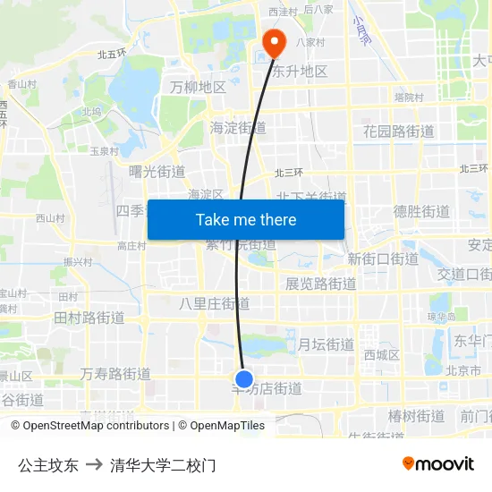 公主坟东 to 清华大学二校门 map