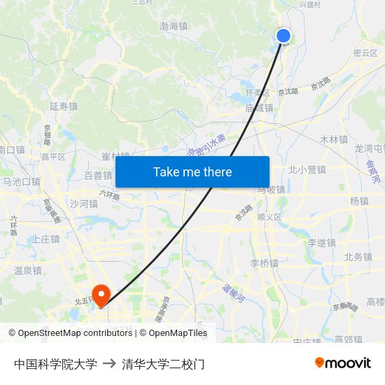 中国科学院大学 to 清华大学二校门 map