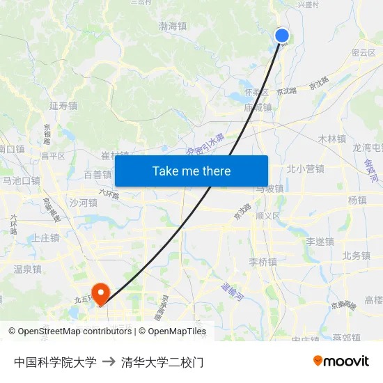 中国科学院大学 to 清华大学二校门 map