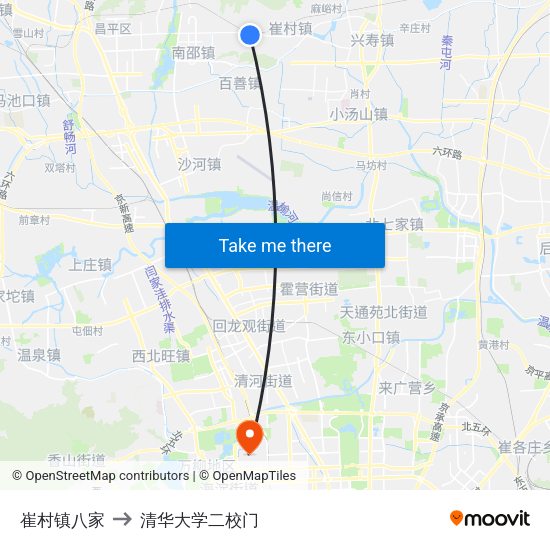 崔村镇八家 to 清华大学二校门 map