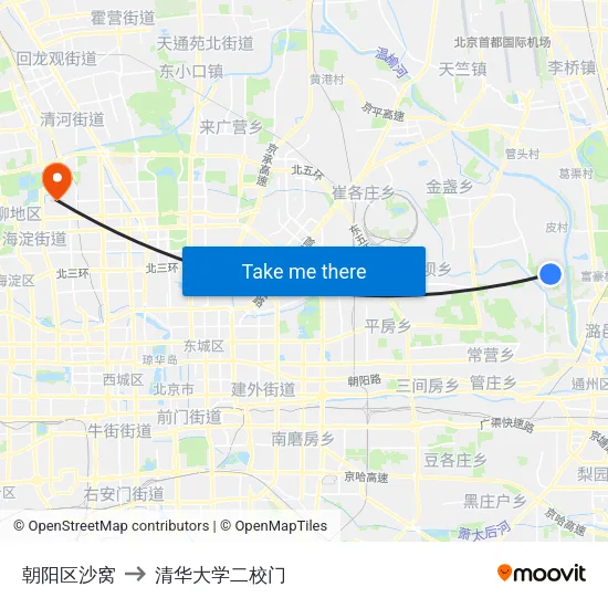 朝阳区沙窝 to 清华大学二校门 map