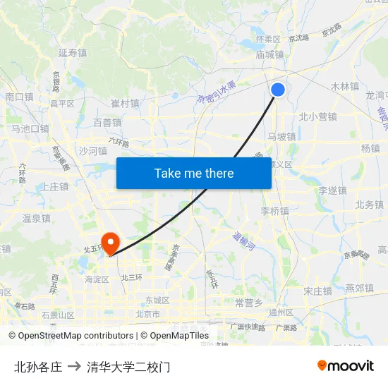 北孙各庄 to 清华大学二校门 map