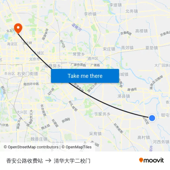 香安公路收费站 to 清华大学二校门 map